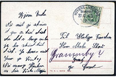 5 pfg. Germania på brevkort annulleret med bureaustempel Woyens - Rödding Bahnpost Zug 43 d. x.9.1908 til Gramby.