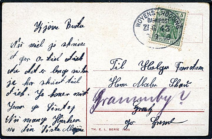 5 pfg. Germania på brevkort annulleret med bureaustempel Woyens - Rödding Bahnpost Zug 43 d. x.9.1908 til Gramby.