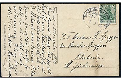 5 pfg. Germania på brevkort dateret Taarup annulleret med bureaustempel Sonderburg - Norburg Bahnpost Zug 9 d. 3.12.1913 til Guderup.