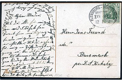 5 pfg. Germania på brevkort annulleret med bureaustempel Flensburg - Sonderburg Bahnpost Zug 910 d. 12.7.1912 til Løjt Kirkeby.