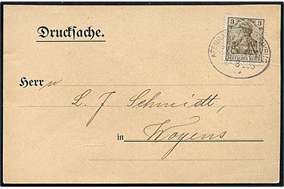 3 pfg. Germania på tryksagskort annulleret med bureaustempel Apenrade - Rothenkrug Bahnpost Zug 877 d. 27.8.1906 til Vojens.