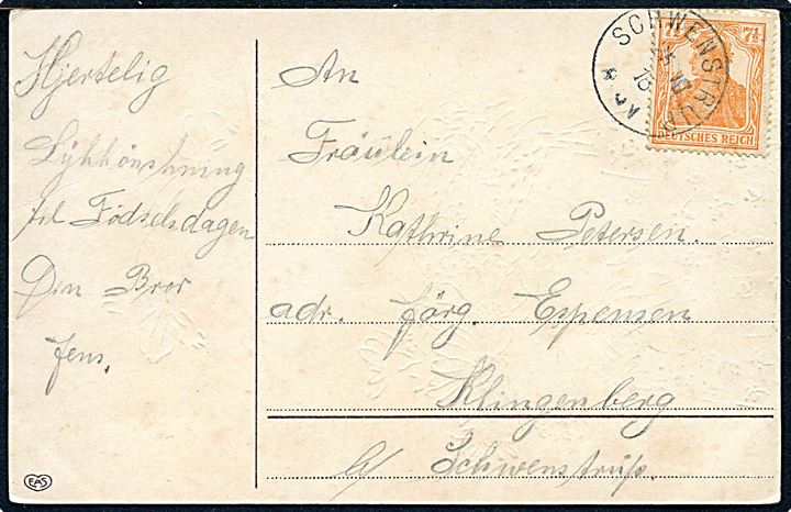 7½ pfg. Germania på lokalt brevkort annulleret med enringsstempel Schwenstrup d. 25.10.1918.