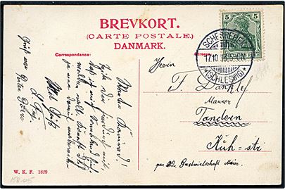 5 pfg. Germania på brevkort stemplet Scherrebek *(Schleswig)* d. 17.10.1913 til Tønder.