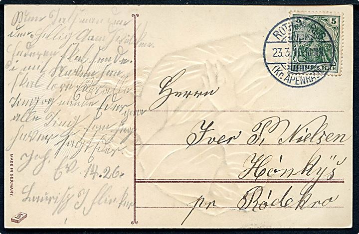5 pfg. Germania på brevkort stemplet Rothenkrug (Kr. Apenrade) d. 23.3.1910 til Rødekro.