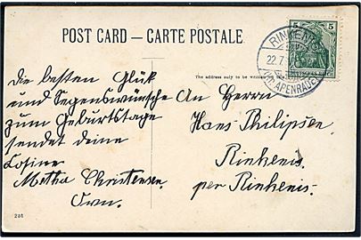 5 pfg. Germania på brevkort stemplet Rinkenis (Kr. Apenrade) d. 22.7.1913 til Rinkenæs.