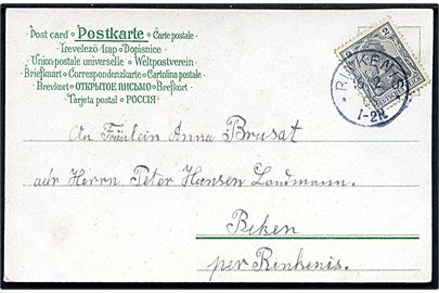 2 pfg. Germania på lokalt brevkort annulleret med enringsstempel Rinkenis d. 16.2.1906.