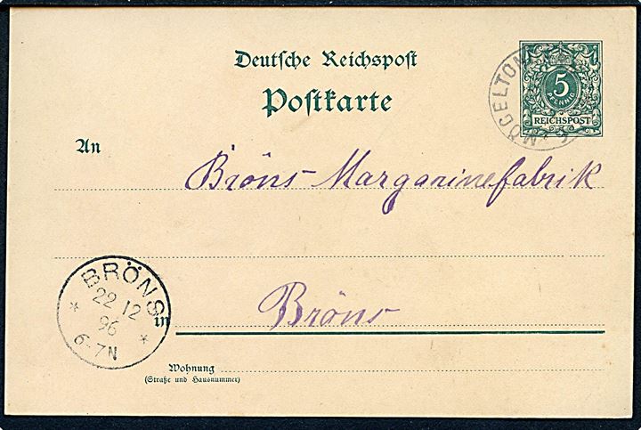5 pfg. helsagsbrevkort stemplet Mögeltondern d. 22.12.1896 til Bröns.