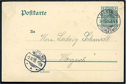 5 pfg. helsagsbrevkort stemplet Mastrup *(Schleswig)* d. 2.10.1906 til Vojens.