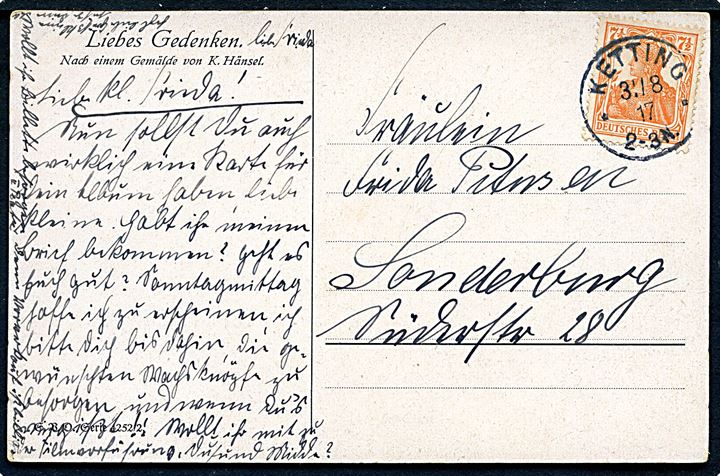 7½ pfg. på brevkort annulleret med enringsstempel Ketting d. 31.8.1917 til Sønderborg.
