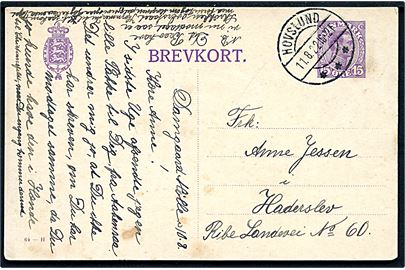 15 øre Chr. X helsagsbrevkort (fabr. 64-H) annulleret med brotype IIb Hovslund d. 11.8.1922 til Haderslev.