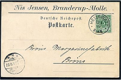 5 pfg. Ciffer på brevkort fra Branderup Mølle stemplet Hellewatt d. 12.1.1899 til Brøns.