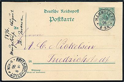 5 pfg. helsagsbrevkort annulleret med enringsstempel Hammeleff d. 18.8.1896 til Friedrichstadt.