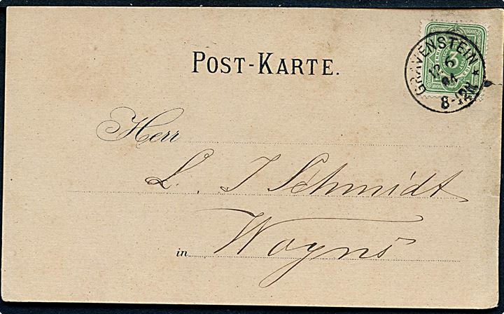3 pfg. Ciffer på tryksagskort annulleret med enringsstempel Gravenstein d. 12.6.1884 til Vojens.