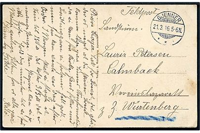 Ufrankeret feltpostkort stemplet Gjenner d. 21.3.1916 til sønderjysk soldat på lazarett i Calmbach, Württemberg.
