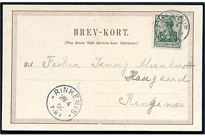 5 pfg. Germania på brevkort stemplet Fjelstrup d. 27.4.1906 til Rinkenæs.