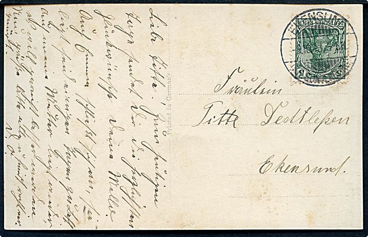 5 pfg. Germania på lokalt brevkort stemplet Ekensund (Kr. Sonderburg) d. 9.10.1913.