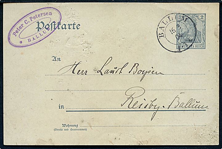 2 pfg. lokalt helsagsbrevkort annulleret med 2-ringsstempel Ballum d. 16.3.1904 til Reisby pr. Ballum. Nusset.