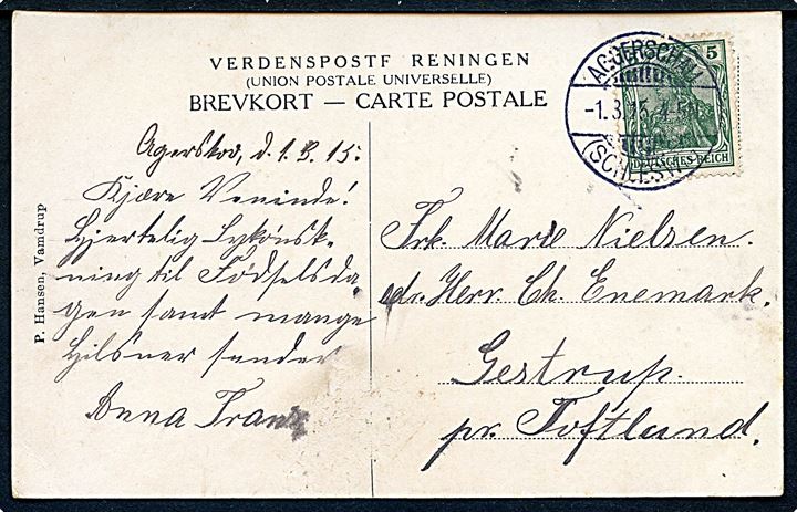 5 pfg. Germania på brevkort stemplet Aggerschau (Schleswig) d. 1.3.1915 til Toftlund.