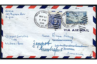 5 cents MacDonell og 25 cents Pacific Clipper på luftpostbrev påskrevet Clipper Service via Lisbon-Rome fra New York d. 31.5.1940 til Berlin, Tyskland - eftersendt til Zoppot (Danzig).Åbnet af tysk censur.