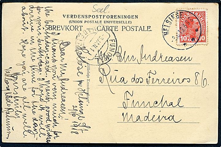 10 øre Chr. X på brevkort fra Helsinge d. 3.10.1918 til Funchal, Madeira. Ank.stemplet i Funchal d. 3.1.1919. Lang befordringstid.