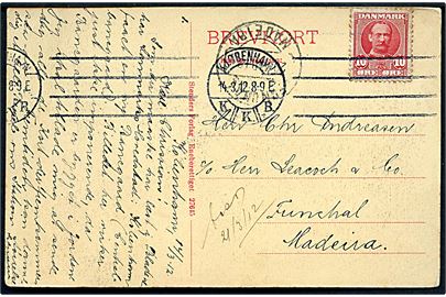 10 øre Fr. VIII på brevkort fra Kjøbenhavn d. 14.3.1912 til Funchal, Madeira. Ank.stemplet i Funchal 20.3.1912.
