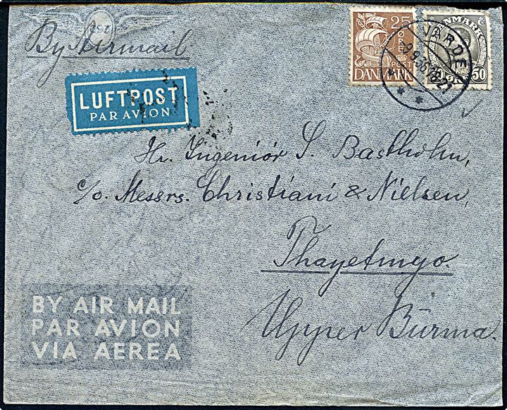 25 øre Karavel og 50 øre Chr. X på luftpostbrev fra Varde d. 9.9.1936 via Rangoon til Thayetmyo, Upper Burma. Ank.stemplet d. 17.9.1936.