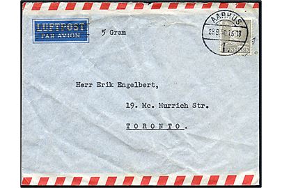 50 øre Chr. X single på 5 Gram-brev fra Aarhus d. 28.9.1950 til Toronto, Canada.