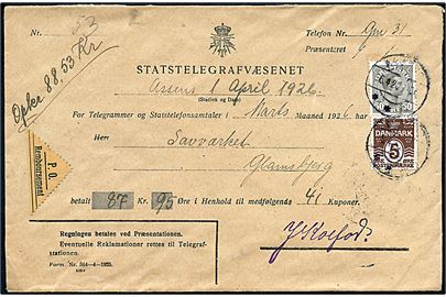 5 øre Bølgelinie og 50 øre Chr. X på 55 øre frankeret fortrykt kuvert fra Statstelegrafvæsenet i Assens d. 6.4.1926 til Glamsbjerg.