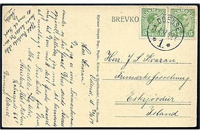 5 øre Chr. X i parstykke på brevkort fra Odense d. 21.2.1917 til Eskifjördur, Island. Uden tegn på censur.