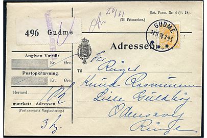 35 øre Chr. X single på adressebrev for pakke annulleret med brotype IIIb Gudme d. 27.11.1918 til Ringe.