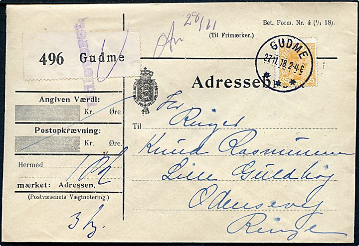 35 øre Chr. X single på adressebrev for pakke annulleret med brotype IIIb Gudme d. 27.11.1918 til Ringe.