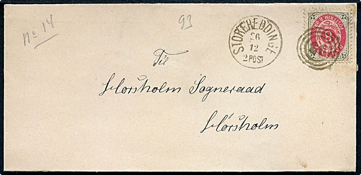 8 øre Tofarvet på brev annulleret med nr.stempel 93 og sidestemplet lapidar Storeheddinge d. 26.12.18778 til Hørsholm. Lapidar stempel benyttet ca. 1 år tidligere end registreret i Skilling.