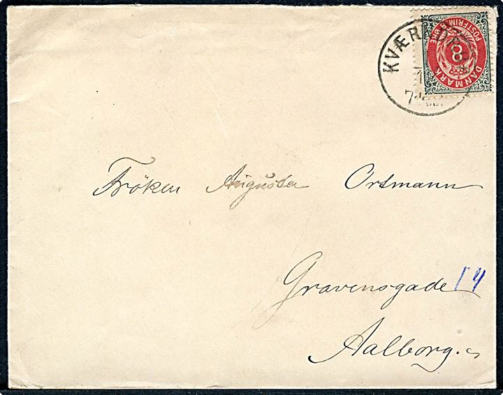 8 øre Tofarvet på brev annulleret med lapidar Kværndrup d. 1.12.189x til Aalborg.
