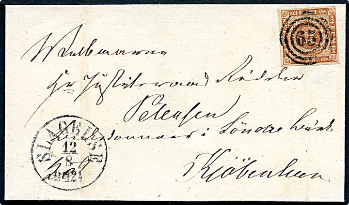 4 sk. 1858 udg. på brev annulleret med nr.stempel 65 og sidestemplet antiqua Slagelse d. 12.8.18xx til Kjøbenhavn.