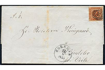 4 sk. 1854 udg. 1. tryk på brev annulleret med nr.stempel 30 og sidestemplet antiqua Horsens d. 12.8.1855 til Vindelev pr. Veile.