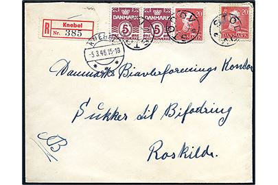 5 øre Bølgelinie (2) og 20 øre Chr. X (2) på anbefalet brev annulleret med udslebet stjernestempel STØDOV og sidestemplet Knebel d. 5.3.1946 til Roskilde.