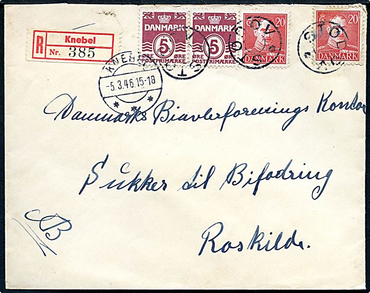 5 øre Bølgelinie (2) og 20 øre Chr. X (2) på anbefalet brev annulleret med udslebet stjernestempel STØDOV og sidestemplet Knebel d. 5.3.1946 til Roskilde.