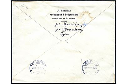 10 øre Bølgelinie på fortrykt kuvert P. Børresen / Kredslæge i Sydgrønland / Godthaab - Grønland anvendt under ferie i Danmark og stemplet Brenderup d. 15.9.1926 til København. Et mærke fjernet.