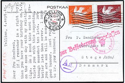 3 s. og 15 s. Postjubilæum på brevkort fra Tallinn d. 4.9.1940 til Stege, Danmark. Passér stemplet Aa ved den tyske censur i Königsberg med rødt stempel zur Beförderung zugelassen og dansk censur. Meget dekorativ forsendelse.