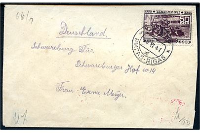 Russisk 50 kop. på brev fra det besatte Letland annulleret med 2-sproget stempel Riga 5 d. 9.6.1941 til Schwarzburg, Tyskland. Åbnet af tysk censur i Königsberg med fortrykt banderole og stempel.
