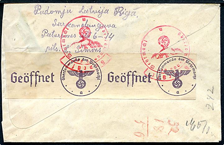 Russisk 50 kop. på brev fra det besatte Letland annulleret med 2-sproget stempel Riga 5 d. 9.6.1941 til Schwarzburg, Tyskland. Åbnet af tysk censur i Königsberg med fortrykt banderole og stempel.