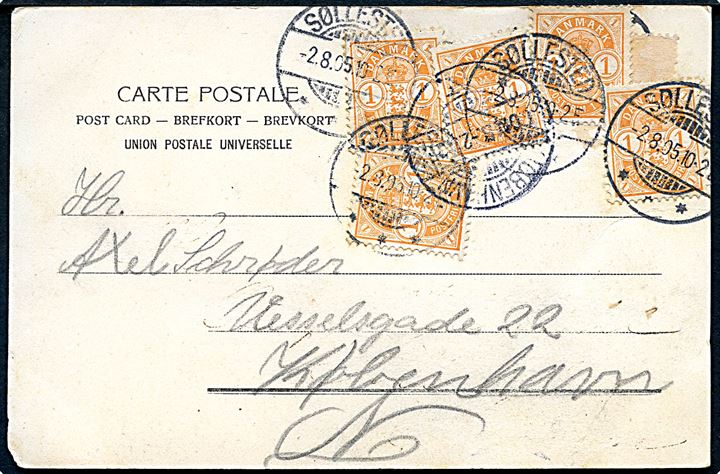 1 øre Våben (5) på rodet frankeret brevkort stemplet Søllested d. 2.8.1905 til København.