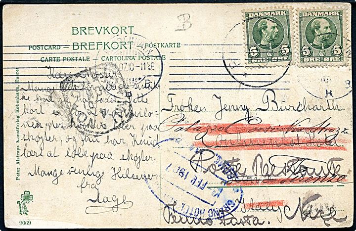 5 øre Chr. IX (2) på brevkort (Søpavillonen) fra Kjøbenhavn d. 1.1.1907 til Rom, Italien - eftersendt til Firenze og siden poste restante i Nice, Frankrig. Flere stempler.