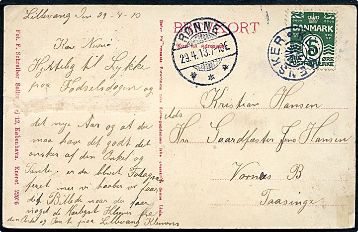 5 øre Bølgelinie på brevkort (Klemensker Brugsforening) annulleret med stjernestempel KLEMENSKER og sidestemplet Rønne d. 29.4.1913 til Vornæs på Taasinge.