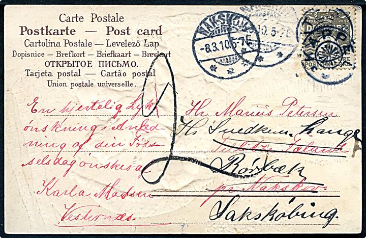3 øre Bølgelinie på lokalt brevkort annulleret med stjernestempel KAPPEL og sidestemplet Nakskov d. 5.3.1910 til Tillitze pr. Nakskov - eftersendt med stjernestempel TILLITZE og sidestempel Nakskov d. 8.3.1910 til Rørbæk pr. Sakskøking. Udtakseret i 2 øre enkeltporto til landsporto.