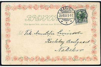 5 øre Fr. VIII på brevkort (Blomsterkorso / Overflødighedshorn) annulleret med stjernestempel RYDE og sidestemplet Maribo d. 31.12.1907 til Karleby pr. Nakskov.