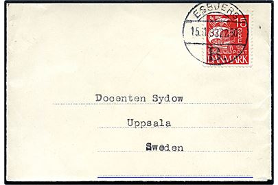 15 øre Karavel på stort brevstykke af Radiobrev annulleret Esbjerg B. d. 15.1.1933 til Uppsala, Sverige. Usædvanligt med danske radiobreve til udlandet.