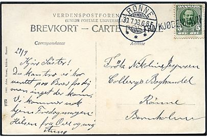 5 øre Fr. VIII på brevkort (Østersøgade) annulleret med skibsstempel Fra Kjøbenhavn og sidestemplet Rønne d. 30.7.1908 til Rønne.