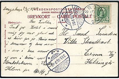 5 øre Chr. IX på brevkort annulleret med lapidar Esrom d. 30.5.1906 via Fredensborg til Helsingør.