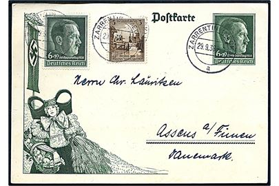 6+19 pfg. Reichsparteitag illustreret helsagsbrevkort opfrankeret med 6+19 pfg. Reichsparteitag og 3 pfg. Sportfest fra Zarrentin d. 29.9.1938 til Assens, Danmark.